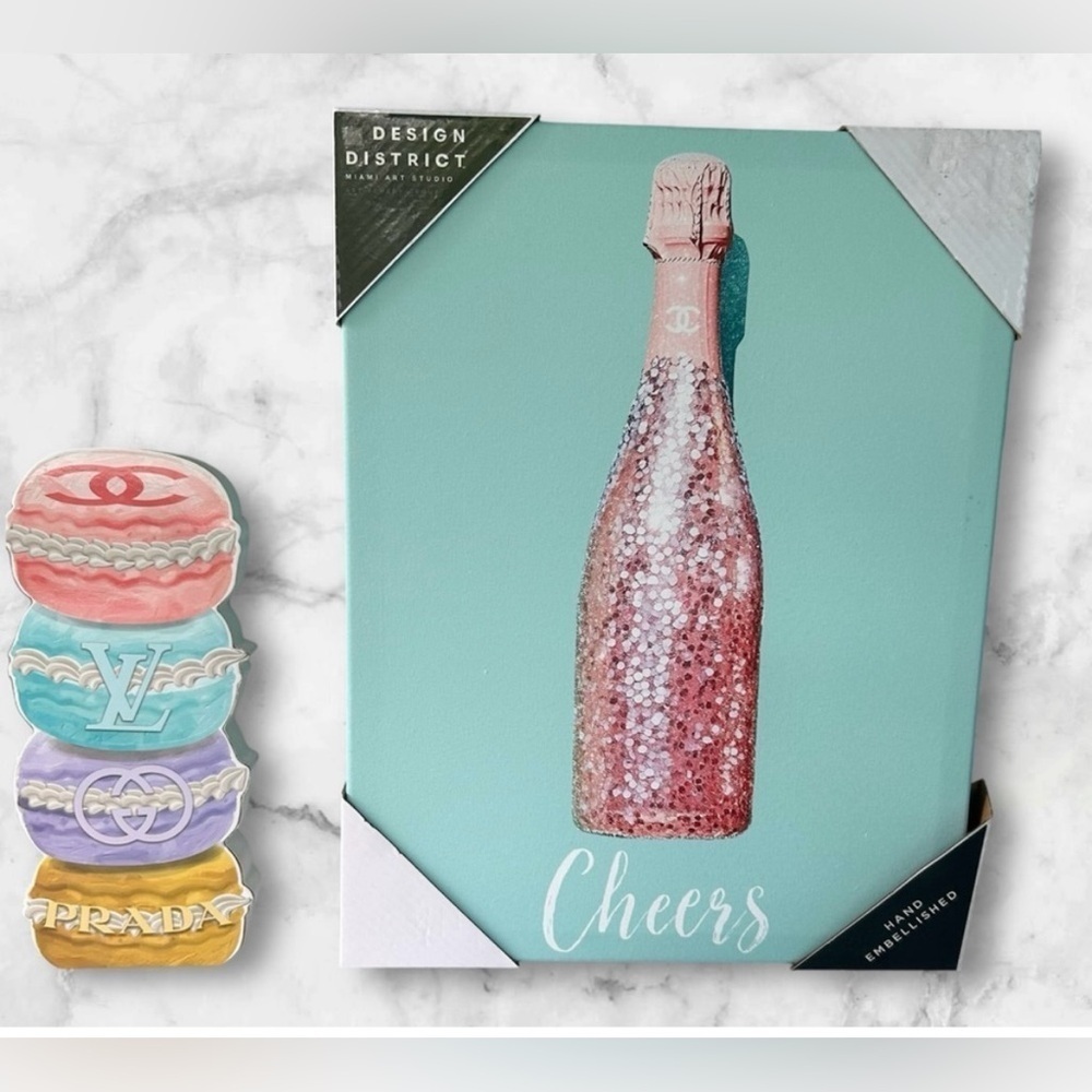 NEW!District Cheers Canvas Art - Chanel Pink & Green Wine Bottle-Wood Doughnut - Picture 8 of 10